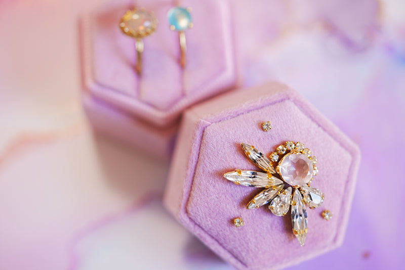 【ローズクォーツ&ローズダスト】　ヘキサゴンベルベット　リングボックス【Rose Quartz＆Rose Dust/Wing Hexagon Ring box 】